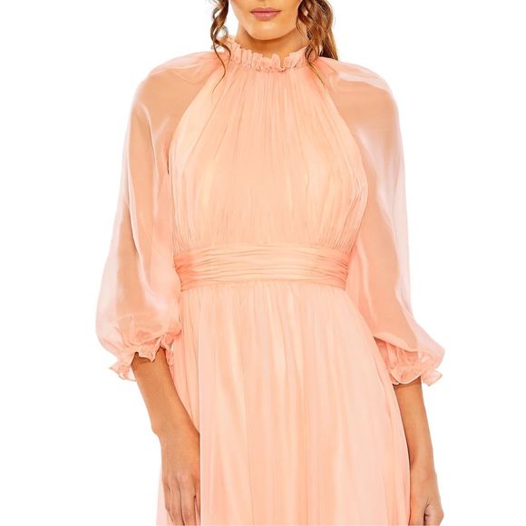 MAC DUGGAL CHIFFON RUCHED ILLUSION RAGLAN SLEEVE RUFFLED GOWN SIZE US 6 - Picture 2 of 10